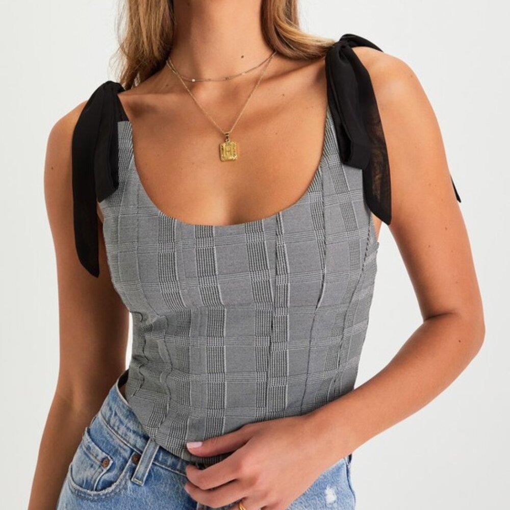Lulus Chic Temptation Black And Ivory Plaid Tie-strap Crop Top - Size XL